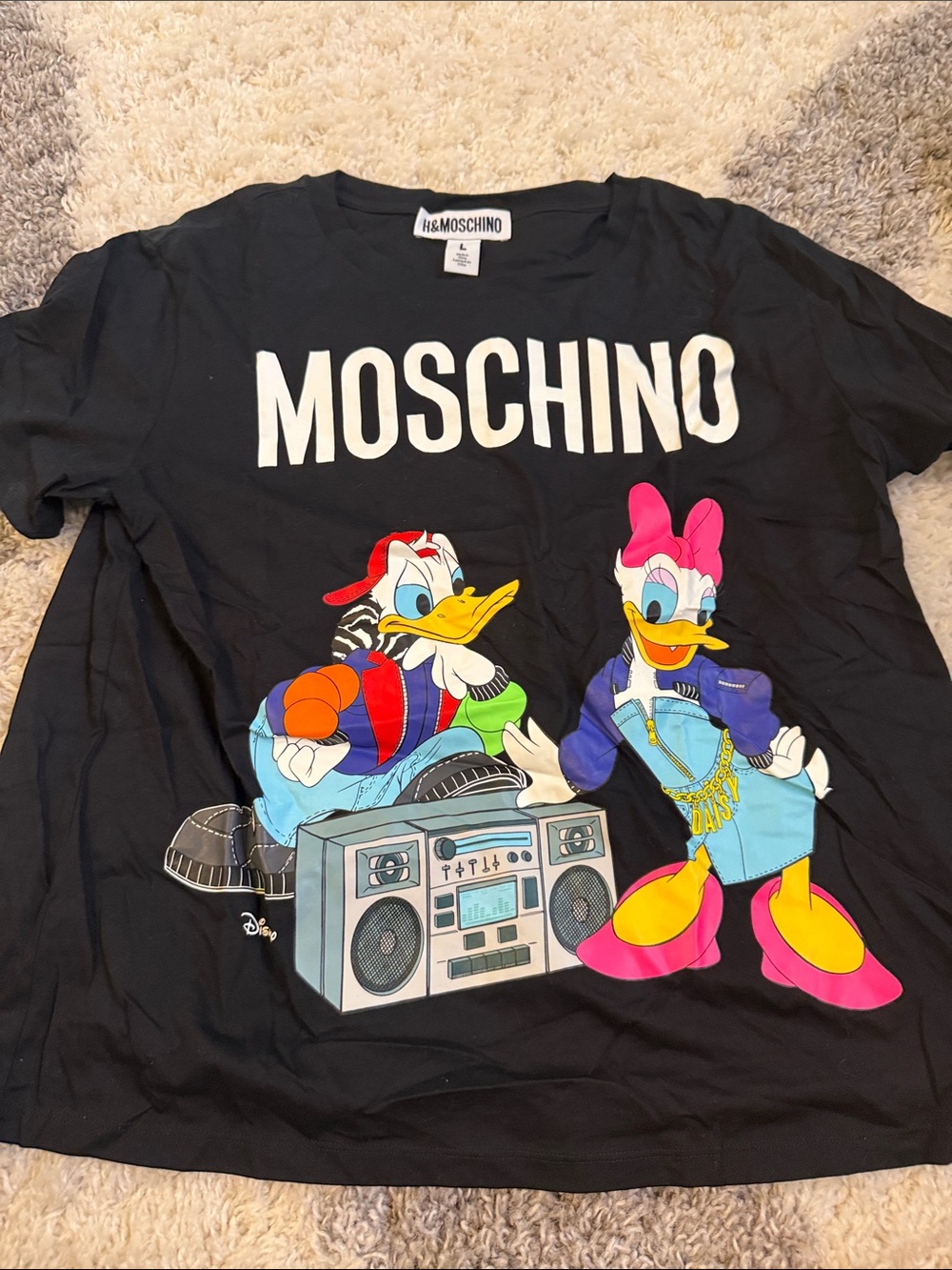 Moschino Black Tee with Colorful Donald & Daisy Graphic